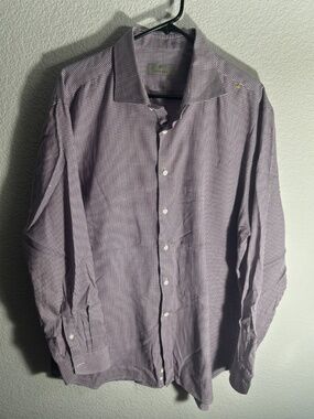Canali Shirt Men 46 18 Purple Micro Check Dress Career Office Work Cutaway Italy